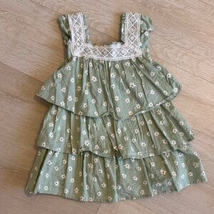 Mayoral Green Floral Tiered Dress with Lace Trim